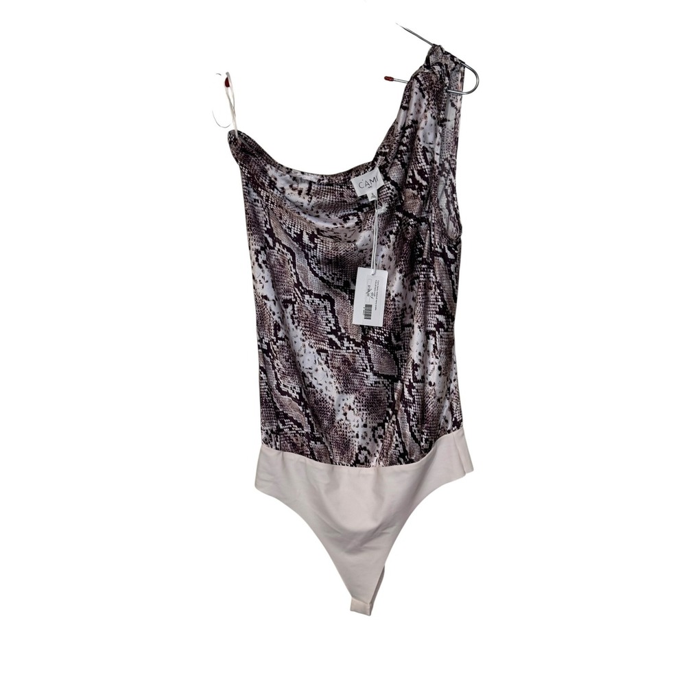 Cami NYC Womens Bodysuit 100% Silk Axell One Shoulder Snake Print Gray Small NWT